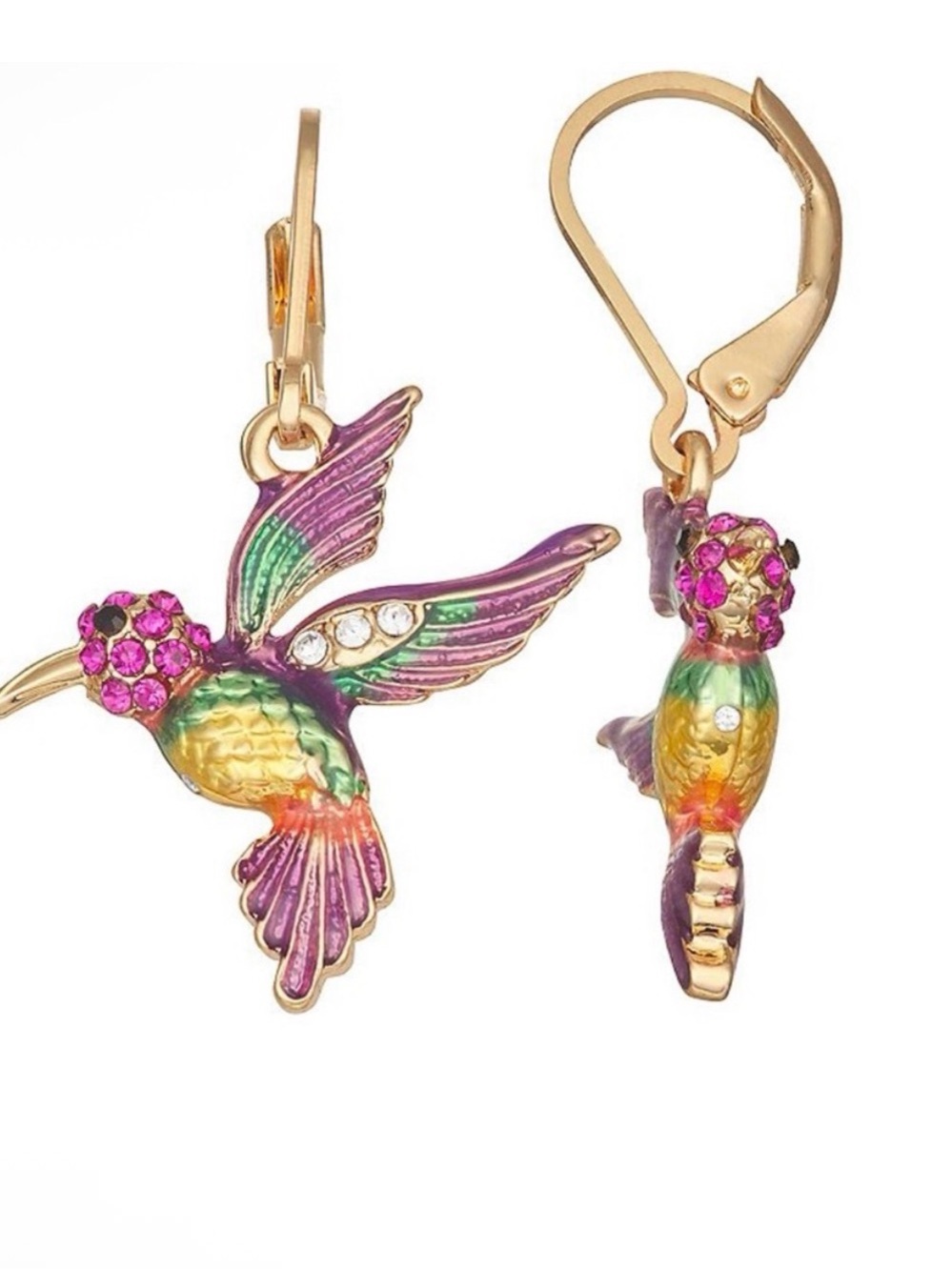 Hummingbird Multicolor Drop Earrings - Vibrant Enamel & Crystal Accent - Picture 5 of 5